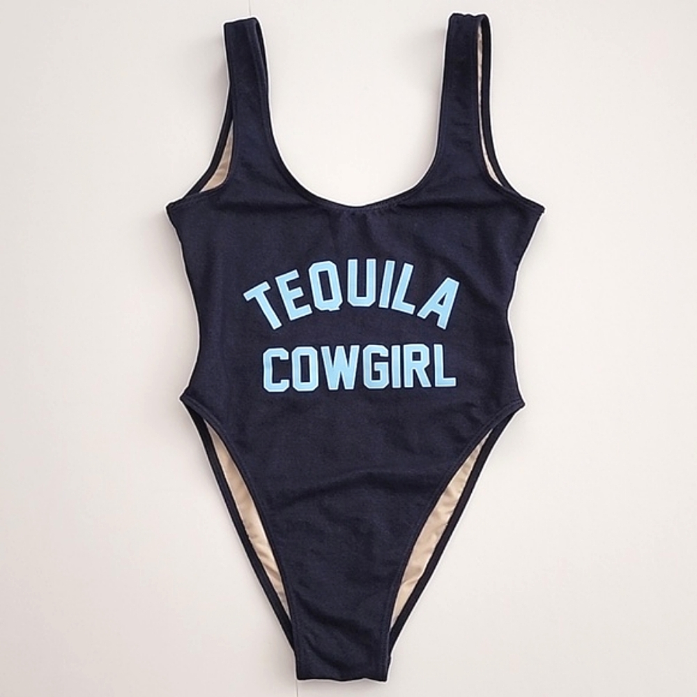 One Piece Women's Swimsuit Dark Denim Tequila Cowgirl Blue Print Size S/M - Picture 4 of 14